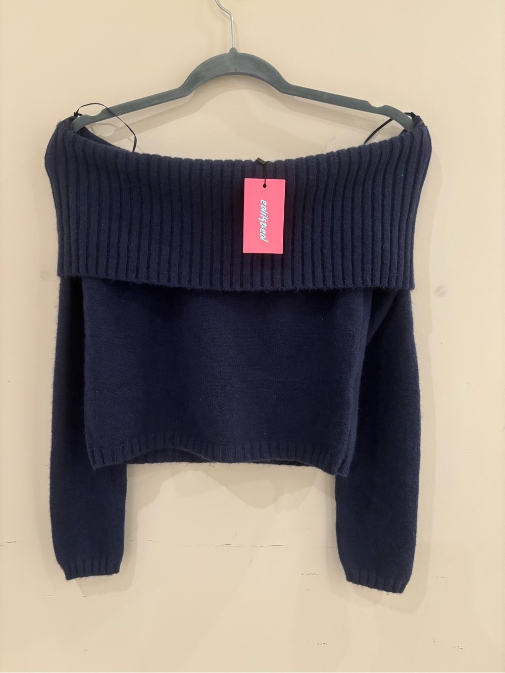 NWT Edikted Navy Off-the-Shoulder Ribbed Fold Sweater